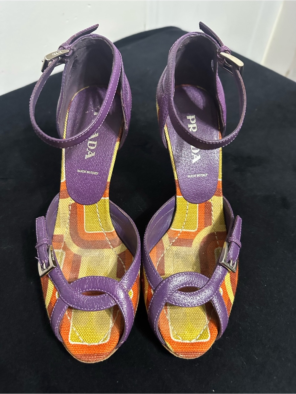 Prada vintage canvas and leather geometric print heel sandals.